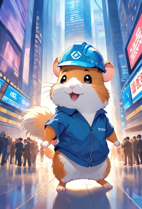 Happy hamster, Hold the instrument, Hard hat on the head, Trading on the stock exchange，frontage，Blue tooling