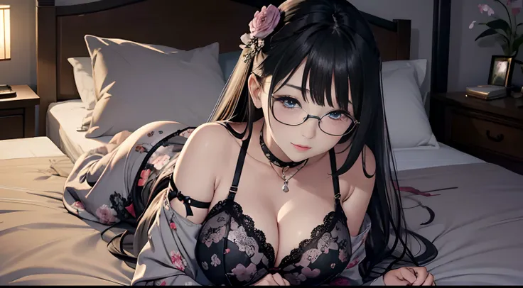 japanes　OL 、A dark-haired　Longhaire、eye glass、bra very　greys　with floral pattern、greys　with floral pattern　pantiy、garterbelts　panthyhose、Colossal tits、gargantuan butt、Moody room　nighttime scene　a bed、Wearing Wedding Rings　wrist watch、A smile、Lying down