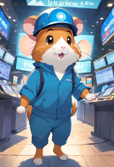 Happy hamster, Hold the instrument, Hard hat on the head, Trading on the stock exchange，frontage，Blue tooling