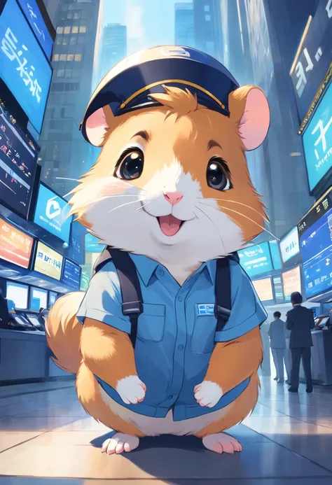 Happy hamster, Hold the instrument, Hard hat on the head, Trading on the stock exchange，frontage，Blue tooling，head portrait