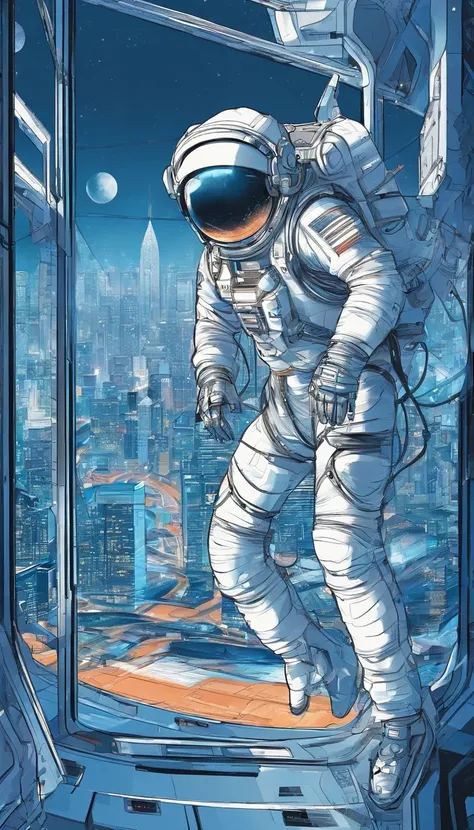 The astronaut looks out the spacecraft window，Large area of windows，Blue tones inside the spacecraft，neonlight，City view from the window