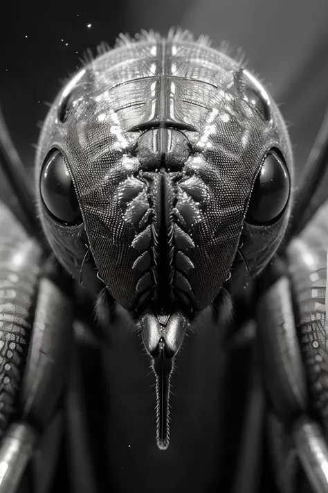 Ultra-detailed scanning electron microscope photo showcasing a mosquitos head, with focus on its compound eyes, antennae, and the fine structure of its sucker used for feeding.