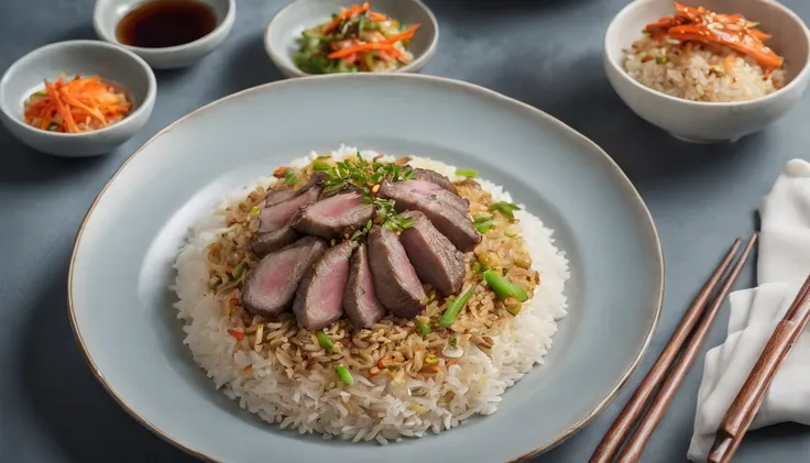 A photograph of a delicious and mouthwatering grilled lamb rice dish, Michelin,showcasing juicy and flavorful lamb with fragrant stir-fried rice layered on top. Placed on a beautifully crafted plate in a Chinese restaurant, enhanced by soft indoor lighting...