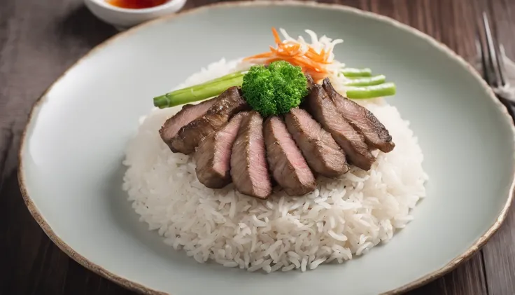 A photograph of a delicious and mouthwatering grilled lamb rice dish, Michelin,showcasing juicy and flavorful lamb with fragrant stir-fried rice layered on top. Placed on a beautifully crafted plate in a Chinese restaurant, enhanced by soft indoor lighting...