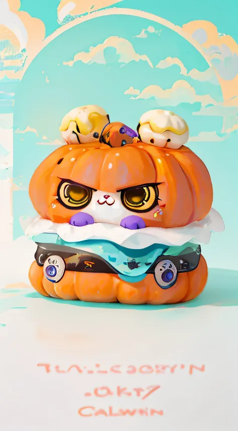 There is a painting，An old Lu-shaped burger, Halloween color scheme, Kawaii cat, Cute detailed digital art, cute colorful adorable, plushies, lovely art style, anime cat, cute artwork, cat seahorse fursona, cute detailed artwork, low res, Detailed fanart, ...