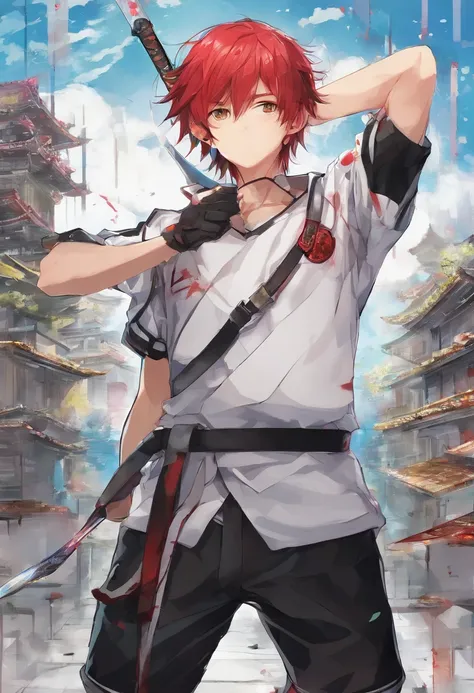 1 boy, wanostyle, (red hair), bright blue eyes, pointy ears, looking forwards, sword in hand pointed at camera, destroyed town in background, manga illustration, artsy, colorful, gritty, bloody, fully clothed, (closed checker pattern shirt), ((sharp eyes))...