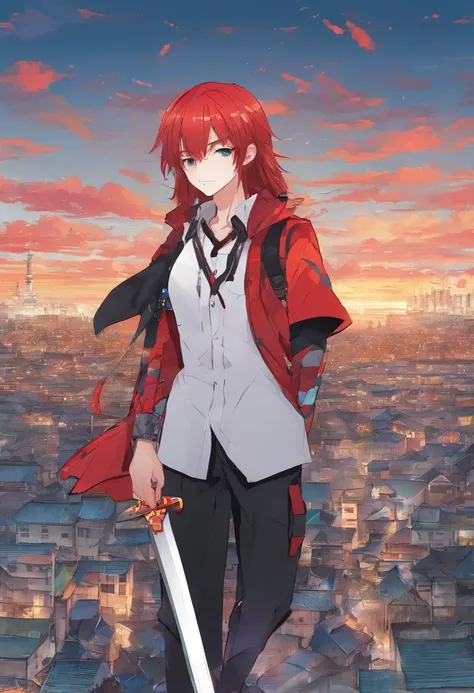 1 boy, wanostyle, (red hair), bright blue eyes, pointy ears, looking forwards, sword in hand pointed at camera, destroyed town in background, manga illustration, artsy, colorful, gritty, bloody, fully clothed, (closed checker pattern shirt), ((sharp eyes))...