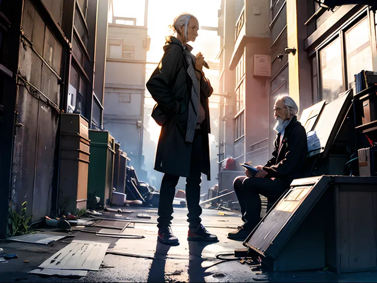 Mansion in the corner,Sitting a waste collecting couple, Gray hair, uneasy, Nervously clutching clothes,
