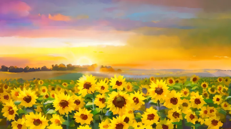 Sunflowers painted in the field，The background is sunset, scene : Sunflower field, scene: Sunflower field, Beautiful art UHD 4 K, Sunflower field, oil digital painting, digital oil painting, himawari, OilPaintStyle, vibrant digital painting, sunflower fiel...