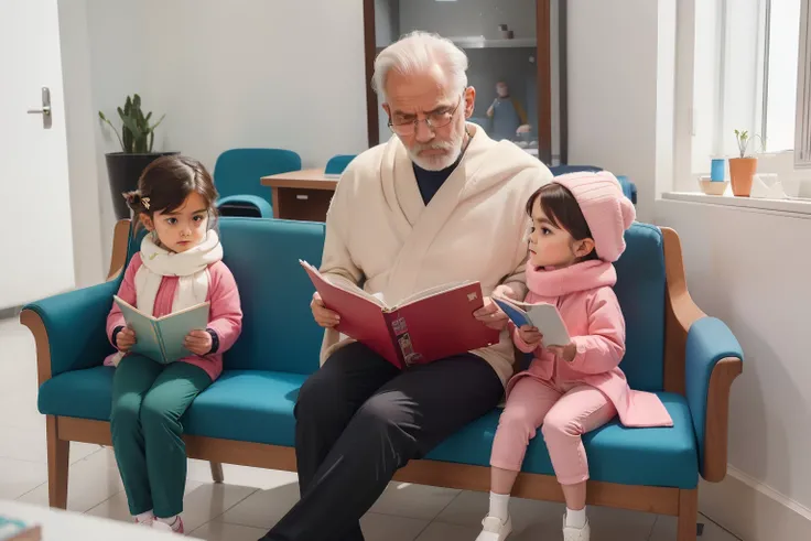 year: 2023. Location: Sweden. Pre-Raphaelite scene with a 59-year-old man, thin, ((clean classic look)), ((grumpy)) ((strict)), in the (((hospital waiting room))) with ((((two 3-year-old little girls)))), reading a colorful children story, ((((winter Cloth...