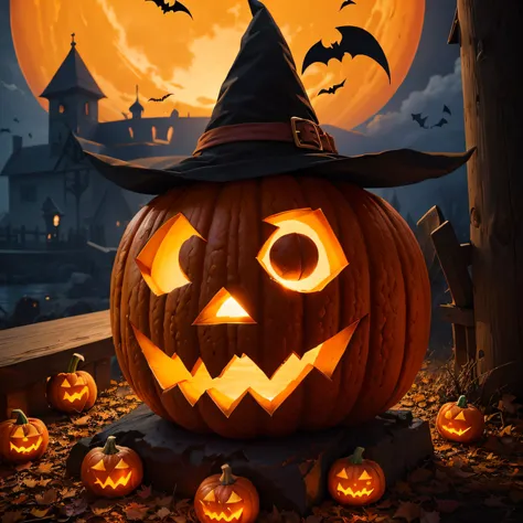 Halloween, jack-o-lanterns, sculptures, edited, pumpkins, halloween theme, pumpkins, Pointed hat on pumpkin head, Highlight, halloween celebration, sculptures, 1 pumpkin, october, Halloween atmosphere, jack, fanart, Vivid and detailed