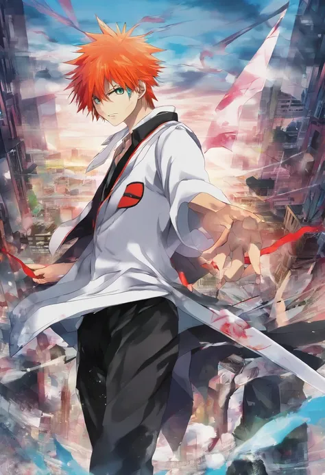 1 boy, (red hair), bright blue eyes, pointy ears, looking forwards, sword in hand pointed at camera, destroyed town in background, artsy, colorful, gritty, bloody, fully clothed, (closed checker pattern shirt), ((sharp eyes)), hero, sharp features, lanky, ...