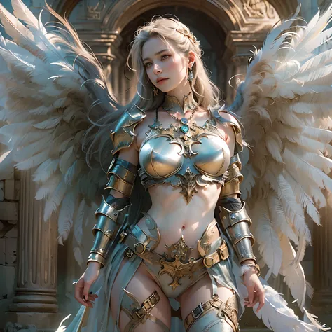 (Numerous award-winning masterpieces, with incredible detail, textures and maximum detail), (full-body standing image:1.8), (upper body up:0.3), (hyper realistic:1.4), (realistic:1.3), (best quality real texture skin), (The Celestial Warrior Angel of the L...