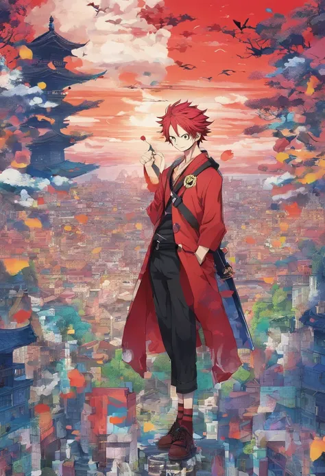 1 boy, (red hair), bright blue eyes, pointy ears, looking forwards, sword in hand pointed at camera, destroyed town in background, artsy, colorful, gritty, bloody, fully clothed, (closed checker pattern shirt), ((sharp eyes)), hero, sharp features, lanky, ...