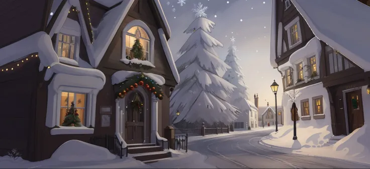 Arte conceitual de inverno,There is a Christmas tree on the street of the town,Snowy views of the town，The drawing style of Harry Potter magical awakening game，Hand drawn 2D painting style，Scene concept art，Beautiful illustrations，The angle is a bit like l...