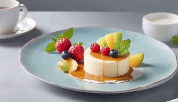 A photograph of a crispy caramel cream pudding, adorned with fresh fruits and mint leaves as garnish. Placed on an elegant dining area on a beautifully crafted plate, illuminated by soft window light. Balanced composition, showcasing the enticing texture o...