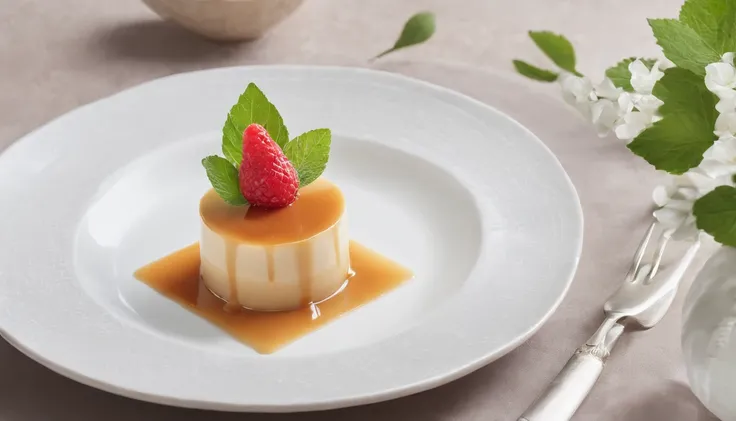 A photograph of a crispy caramel cream pudding, adorned with fresh fruits and mint leaves as garnish. Placed on an elegant dining area on a beautifully crafted plate, illuminated by soft window light. Balanced composition, showcasing the enticing texture o...