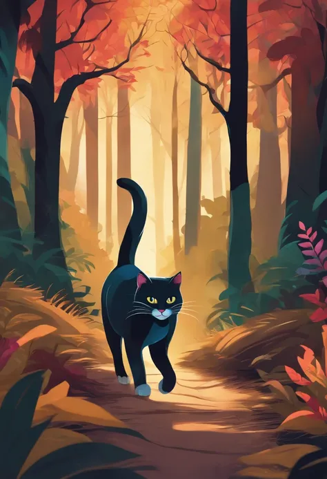 Cartoon cat walking into the forest