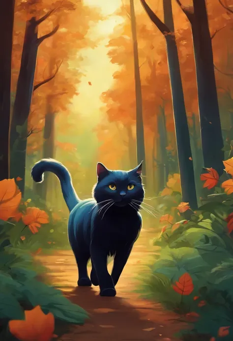 Cartoon cat walking into the forest