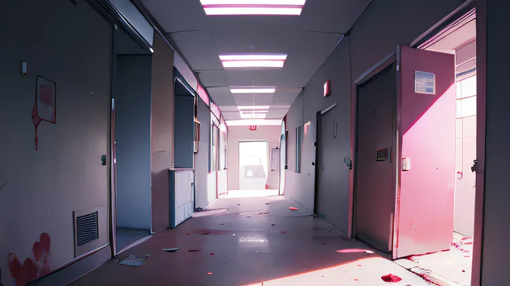 Pink abandoned hospital corridor，wide angles，There is a vacant lot in front，natta，blood vess，Scary atmosphere