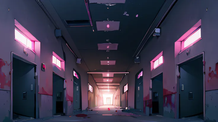 pink abandoned hospital corridor，there is a vacant lot in front，slight top-down angle，natta，blood vess，scary atmosphere