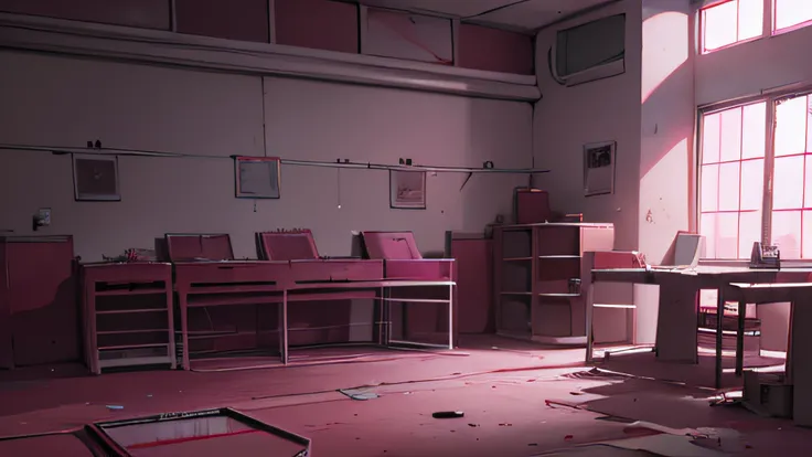 Pink abandoned operating room，An operating table，Some pink surgical instruments，wide angles，natta，blood vess，Scary atmosphere