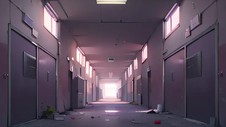 Pink abandoned hospital corridor，There is a vacant lot in front，natta，blood vess，Scary atmosphere