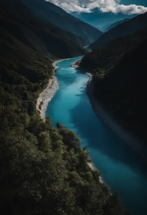 The blue river seen from the height of the Nepalese mountains.