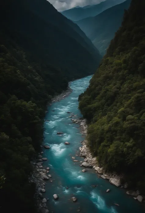 The blue river seen from the height of the Nepalese mountains.