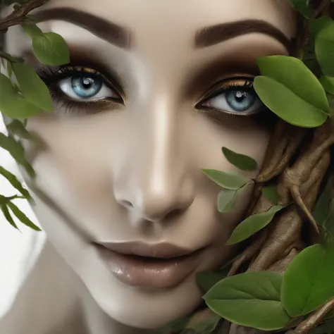 (Beautiful eyes、delicate nose、delicate mouth、Beautuful Women)、8k、close up, Arbomorph Womans face hug turns into a lush tree, Roots as feet, Arm-like branches, Some leaves fly on a white background,