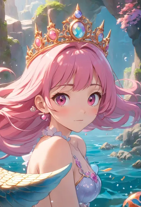 ACG 3D rendering,Pink hair, estrus, mermaid, exposed, dreamy, intricate details, 8k lolifiree embellished tiara,Popular on the art station Imperial Sister