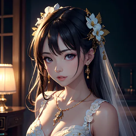 Best Quality, masutepiece, hight resolution, 1girl in,china wedding  dress,Hair Ornament,Necklace, Jewelry,Beautiful face,Inserting a into the_Body, Tindall Effect,Photorealistic, Dark Studio, Rim lighting, two tone lighting,(High detailed skin:1.2), 8K UH...