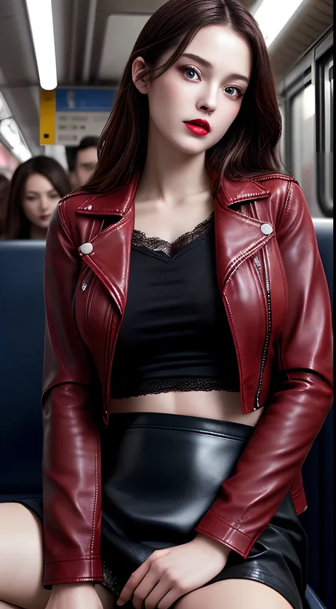 1girl, Beautiful, Amazing face and eyes, makeup, red gloss lips, (extremely detailed beautiful face), (sexiest look), (Beautiful big breasts), (leather jacket, Tight Skirt:1.2), (Best Quality:1.4), (Ultra-detailed), (extremely detailed CG unified 8k wallpa...