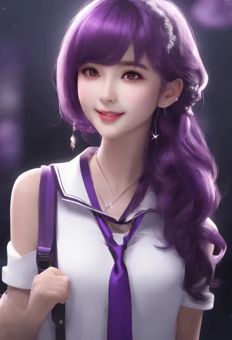 Masterpiece,1girl,solo, light smile, metal necklace, white shirt, modern school uniform, accessories, two-tone hair color in purple and black, unique hairstyle, stylish, black background