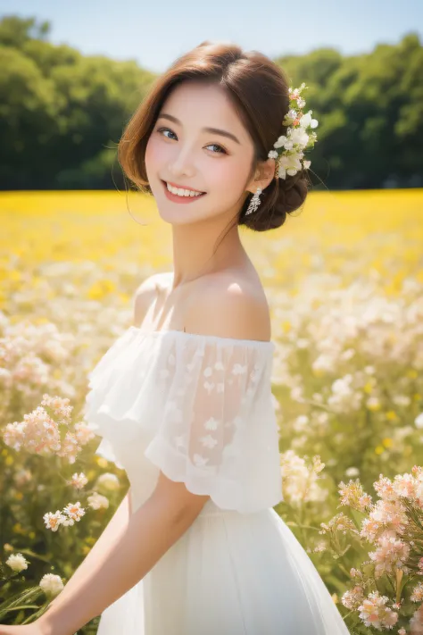 Best quality, masterpiece, ultra high res, (photorealistic:1.4), raw photo, 1girl, white dress, off shoulder, blossom flower field, glowing skin, light smile