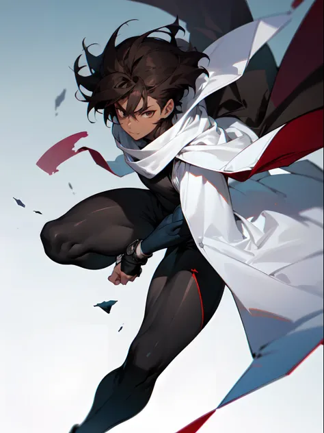 Masterpiece, highres, High quality, Dark skin teen, male, slightly buff, medium dark brown hair hair, big innocent eyes, wearing a black full bodysuit, six white long torn scarf, hooded white cloaks, White big Gauntlets, dramatic sho, intensive, cool, bada...