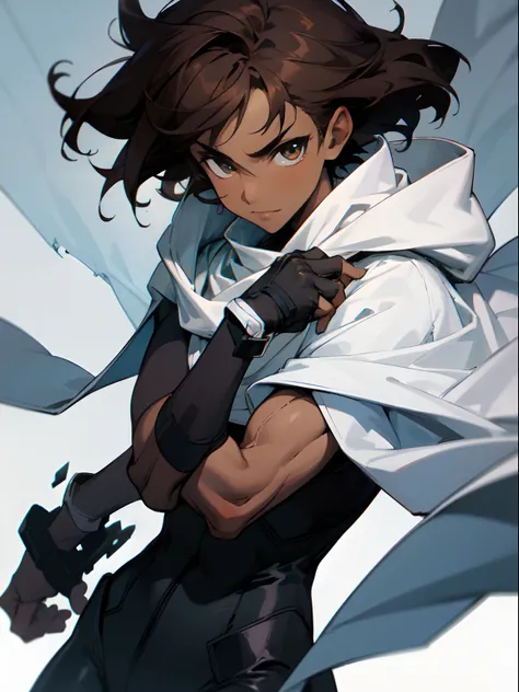 Masterpiece, highres, High quality, Dark skin teen, male, slightly buff, medium dark brown hair hair, big innocent eyes, wearing a black full bodysuit, six white long torn scarf, hooded white cloaks,White wrist guards, dramatic sho, close up, cool, badass,