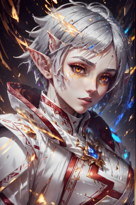 Digital Ilustration, Anime style, Woman, ((elf)), 1girl, beautiful, (tired, sad):1.4),(grey hair, bob cut, ((fine facial features)),),(white outfit, red outfit accents, assasin-style outfit, military coat, pants, boots),(glowing yellow eyes:1.2),elemental ...