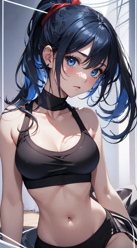 top-quality、Top image quality、​masterpiece、girl with((cute little、18year old、Best Bust、Medium bust、Bust 85,Beautiful blue eyes、Breasts wide open,Ponytail with black hair、A slender、Blue hair mesh、black bandana、Red Sports Bra、Black DOGI、fighting poses)）hiqua...