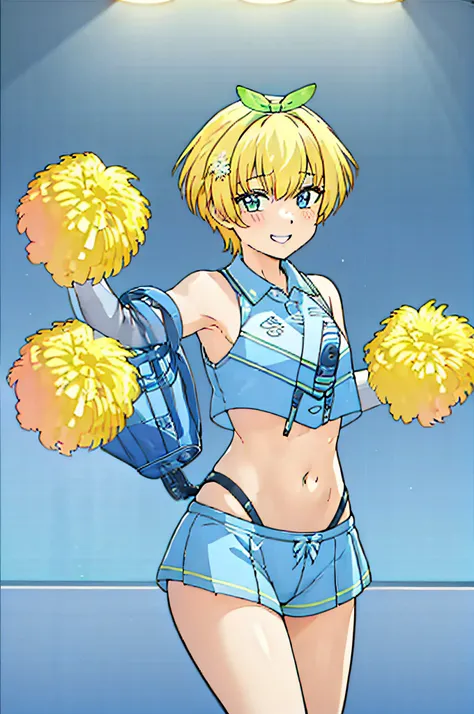 HONEY BLONDE HAIR, LIGHT BLUE HAIR, LIGHT GREEN HAIR BOW OVER HAIR, SNOWFLAKE HAIRPIN, HOLDING YELLOW POM-POM, SHORT HAIR, BLUNT BANGS, SIDE BANGS, CHEERLEADING POSE, CHILD, DUFFEL BAG, CHEERLEADER COSTUME, 1girl, solo, upper body, facing viewer, looking a...