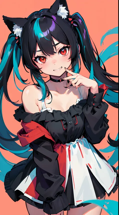 close-up portrait of ((solo 1girl, nekomimi)), ((black twintails with turquoise highlights)), big grin, side glance, masterpiece, red eyes, (simple plain background), (one-side off-shoulder dress), head tilt, vivid colors, extra long sleeves