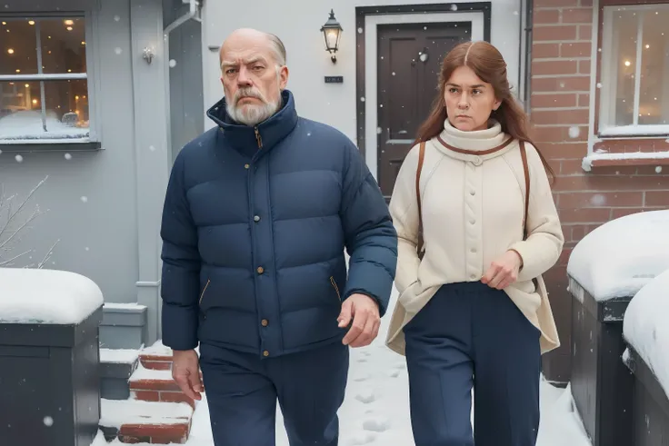 year: 2023. Location: Sweden. Pre-Raphaelite scene with a 59-year-old man, thin, ((clean classic look)), ((grumpy)) ((strict)), with a young female reporter, terraced houses, ((((winter Clothing from the 2020s, pants and jersey)))) ((Hairstyle of the 2020s...