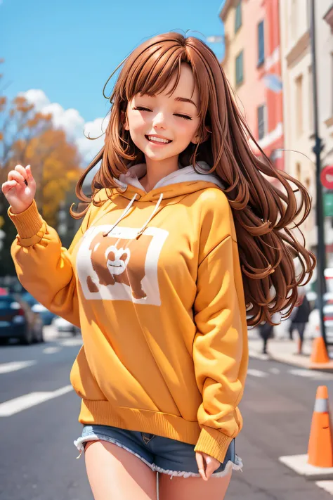 a woman has brown hair, wears sweatshirt, happy smiling with eyes closed jumping