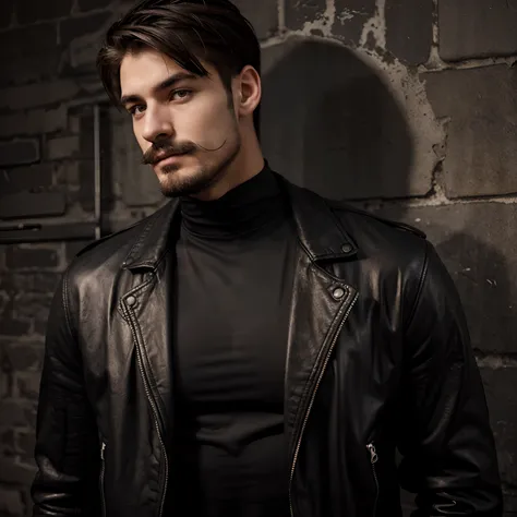 Muscular guy 18yo small beard and small mustach with black leather jacket and black t shirt in dark place