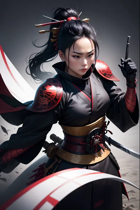 visual art, Shooting of a composition of a samurai woman with a sword in a black kimono, Pointing the Sword at the Enemy. Dark and ruthless hard - boiled style, Michelangelo, digital illustration art & Pen Tablet, Dark & Cold light —v 5.2