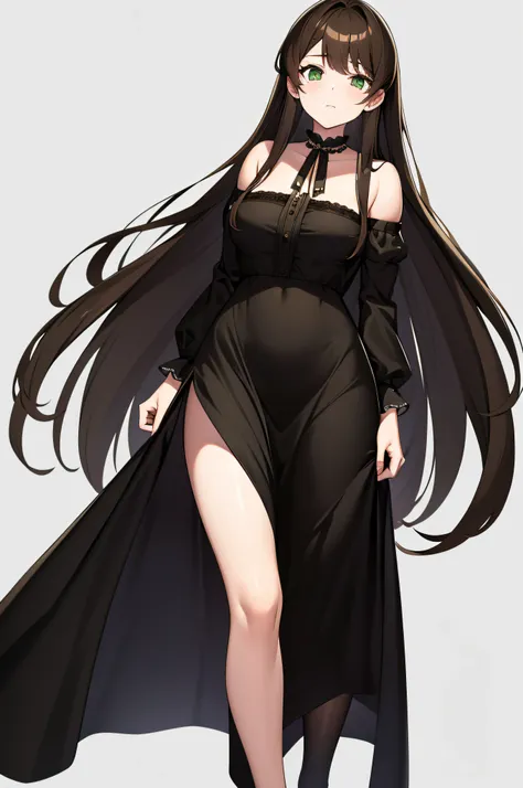 Full-length girl. very long brown hair, Green eyes, black maid dress