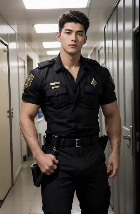 1 young handsome guy，20yr old，police officers，interpol，hallways，the gun is handsome，musculous，hairy bodies，police uniforms（fine ...