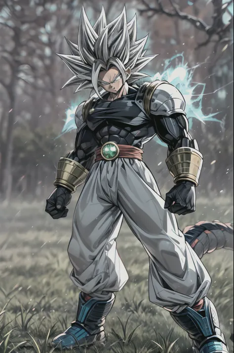 Supreme Super Saiyan,full body tall hair, brown hair, black and white clothing, clothing with blue lines, DBZM Dragon Ball, stunning aura, lots of action, black clothes with gray, lots of Ki energy, grass background, robotic