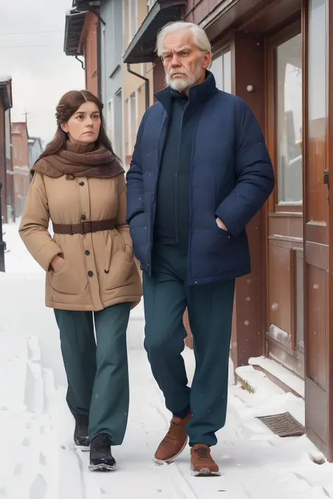 year: 2023. Location: Sweden. Pre-Raphaelite scene with a 59-year-old man, thin, ((clean classic look)), ((grumpy)) ((strict)), with a young female reporter, terraced houses, ((((winter Clothing from the 2020s, pants and jersey)))) ((Hairstyle of the 2020s...