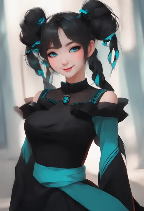 Close-up portrait of ((Solo 1 Girl)), ((Black twintails with turquoise accents)), big grin, Sideways gaze, Masterpiece, Red Eyes, (Simple general background), (One-side off-the-shoulder dress), head tilt, Vivid colors, Very long sleeves